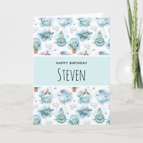Cute Nautical Whales Watercolor Pattern Birthday Card