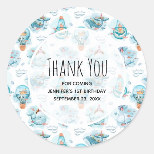 Cute Nautical Whales Watercolor Pattern Birthday Classic Round Sticker