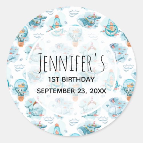 Cute Nautical Whales Watercolor Pattern Birthday Classic Round Sticker