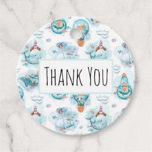 Cute Nautical Whales Watercolor Pattern Birthday Favor Tags