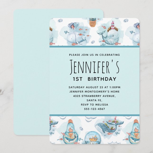 Cute Nautical Whales Watercolor Pattern Birthday Invitation (Front/Back)