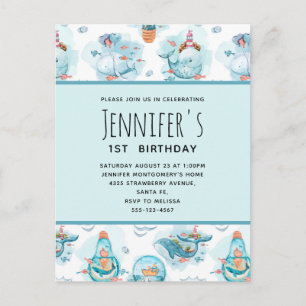 Cute Nautical Whales Watercolor Pattern Birthday Invitation Postcard