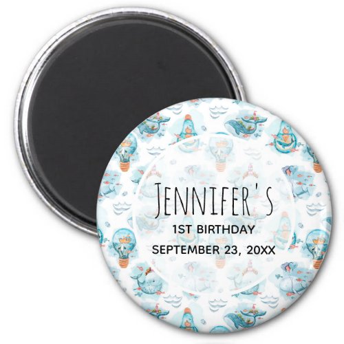 Cute Nautical Whales Watercolor Pattern Birthday Magnet