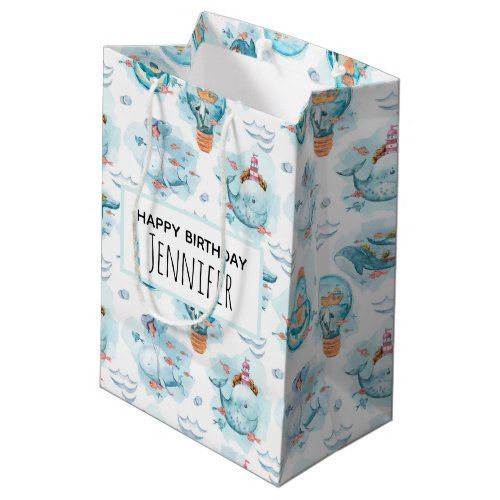 Cute Nautical Whales Watercolor Pattern Birthday Medium Gift Bag