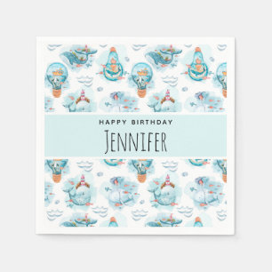 Cute Nautical Whales Watercolor Pattern Birthday Napkins