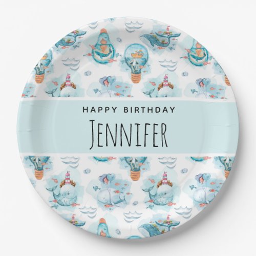 Cute Nautical Whales Watercolor Pattern Birthday Paper Plates