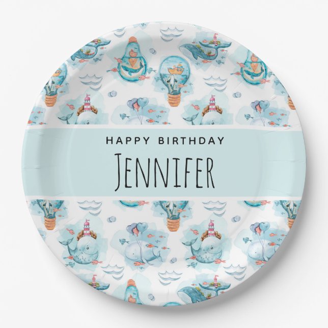 Cute Nautical Whales Watercolor Pattern Birthday Paper Plates (Front)
