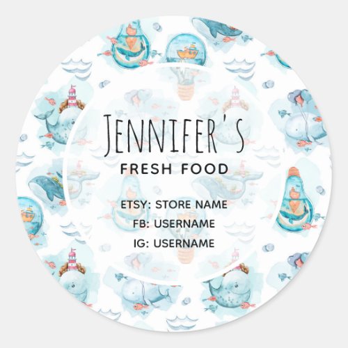 Cute Nautical Whales Watercolor Pattern Business Classic Round Sticker
