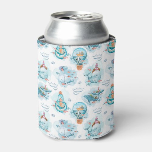 Cute Nautical Whales Watercolor Pattern Can Cooler