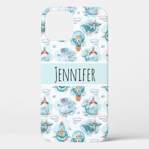 Cute Nautical Whales Watercolor Pattern iPhone 12 Case