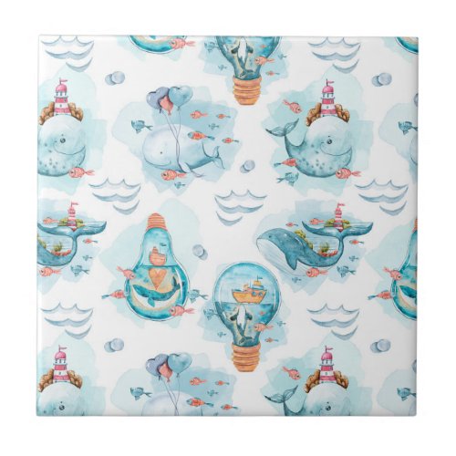 Cute Nautical Whales Watercolor Pattern Ceramic Tile