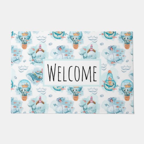 Cute Nautical Whales Watercolor Pattern Doormat