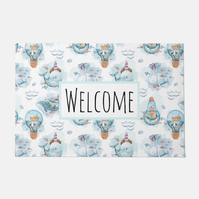 Cute Nautical Whales Watercolor Pattern Doormat (Front)