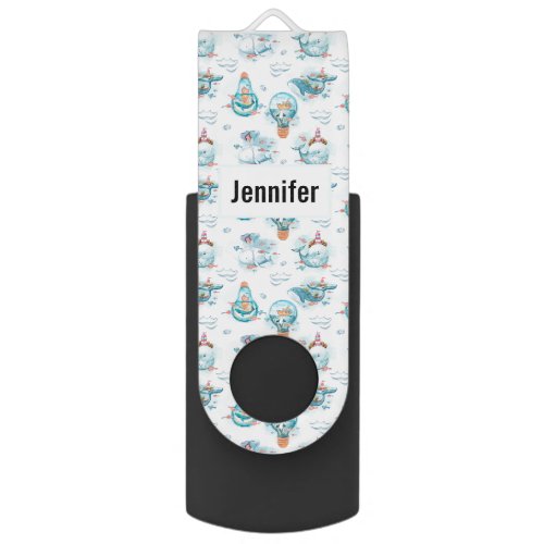 Cute Nautical Whales Watercolor Pattern Flash Drive