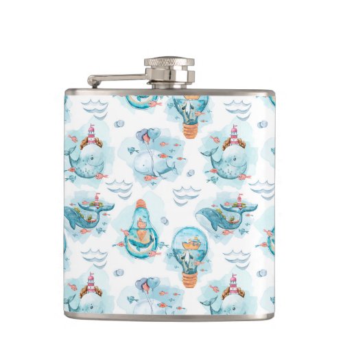 Cute Nautical Whales Watercolor Pattern Flask