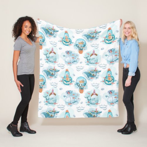 Cute Nautical Whales Watercolor Pattern Fleece Blanket