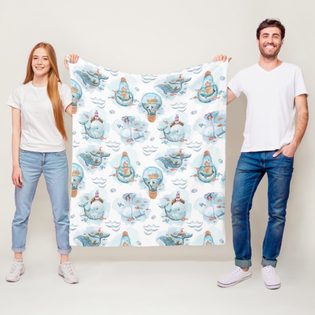 Cute Nautical Whales Watercolor Pattern Fleece Blanket (In Situ)