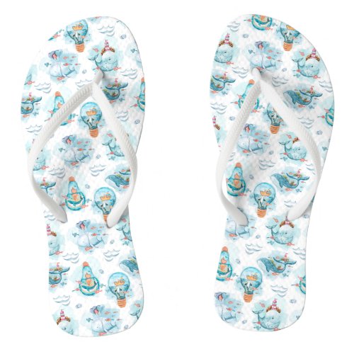  Cute Nautical Whales Watercolor Pattern Flip Flops