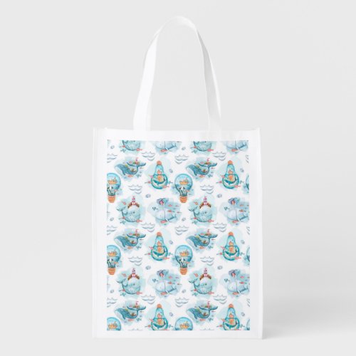 Cute Nautical Whales Watercolor Pattern Grocery Bag