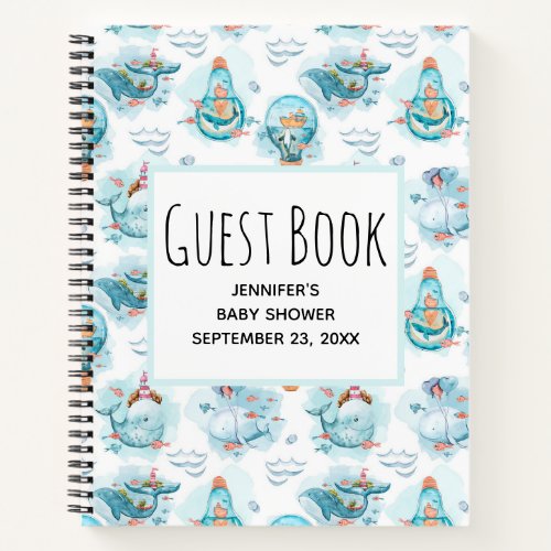 Cute Nautical Whales Watercolor Pattern Guest Book