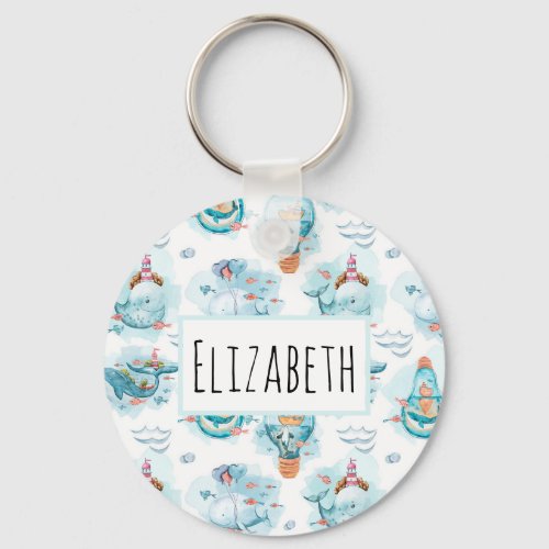 Cute Nautical Whales Watercolor Pattern Keychain