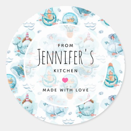 Cute Nautical Whales Watercolor Pattern Kitchen Classic Round Sticker