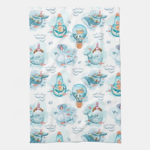 Cute Nautical Whales Watercolor Pattern Kitchen Towel