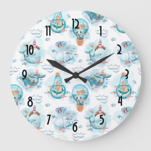 Cute Nautical Whales Watercolor Pattern Large Clock