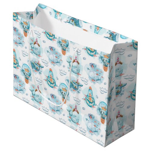 Cute Nautical Whales Watercolor Pattern Large Gift Bag