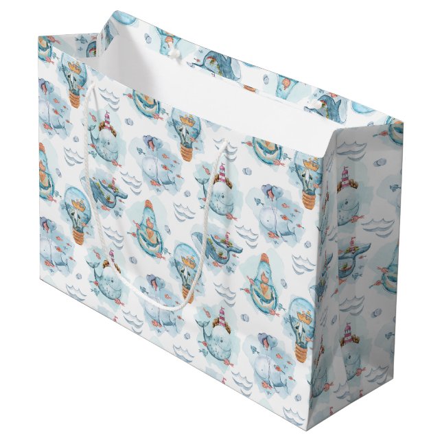 Cute Nautical Whales Watercolor Pattern Large Gift Bag (Front Angled)