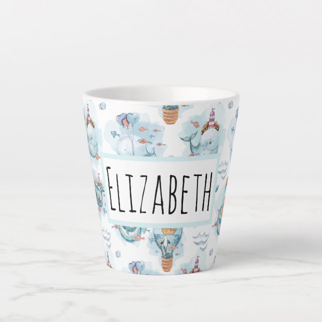 Cute Nautical Whales Watercolor Pattern Latte Mug (Front)