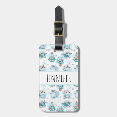 Cute Nautical Whales Watercolor Pattern Luggage Tag