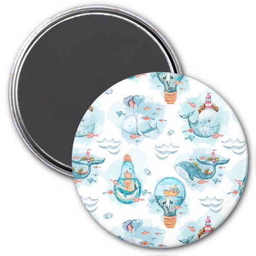 Cute Nautical Whales Watercolor Pattern Magnet