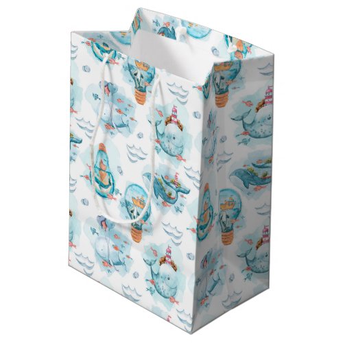 Cute Nautical Whales Watercolor Pattern Medium Gift Bag