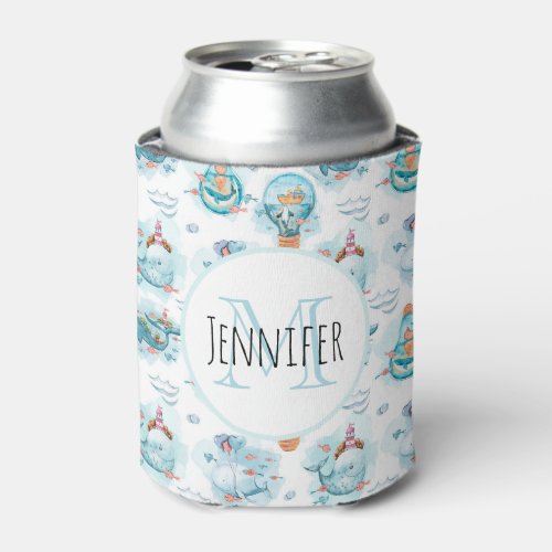 Cute Nautical Whales Watercolor Pattern Monogram Can Cooler