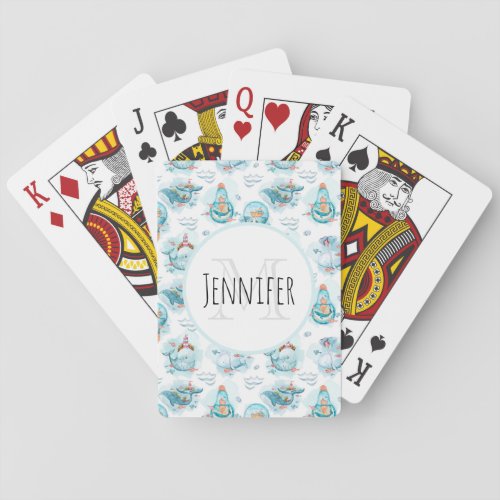 Cute Nautical Whales Watercolor Pattern Monogram Poker Cards
