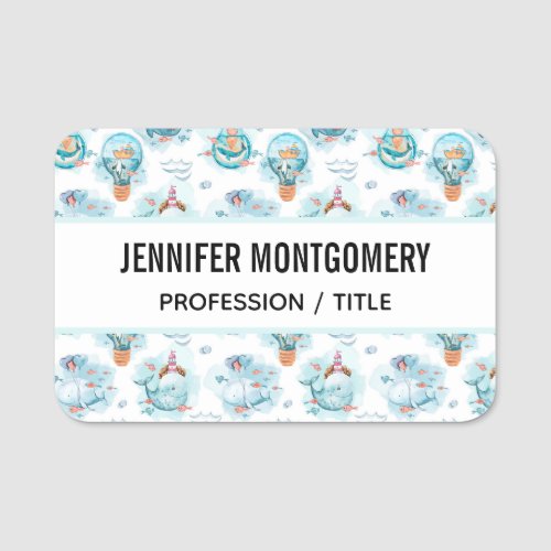 Cute Nautical Whales Watercolor Pattern Name Tag