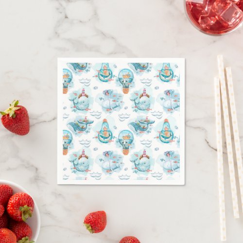 Cute Nautical Whales Watercolor Pattern Napkins
