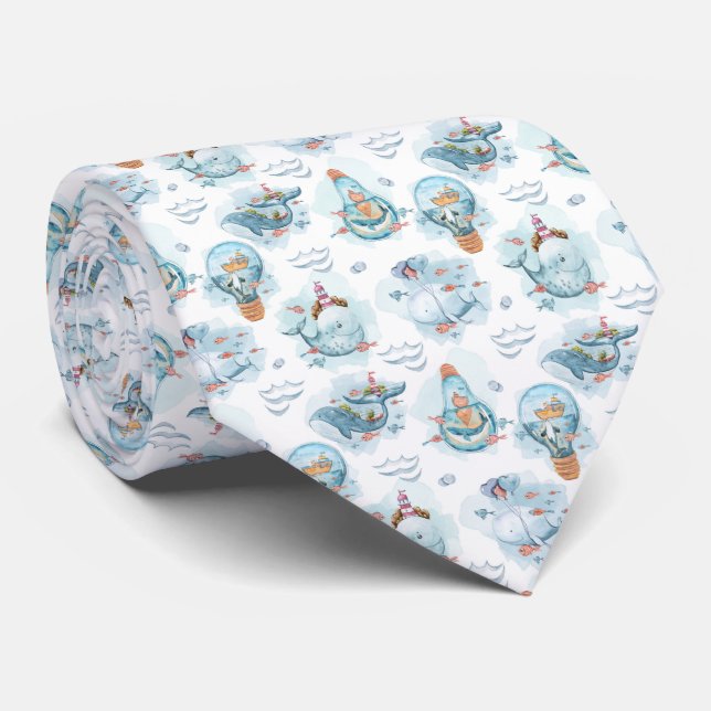 Cute Nautical Whales Watercolor Pattern Neck Tie (Rolled)