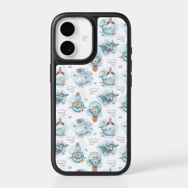 Cute Nautical Whales Watercolor Pattern Otterbox iPhone Case (Back)