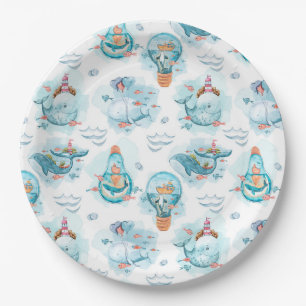 Cute Nautical Whales Watercolor Pattern Paper Plates