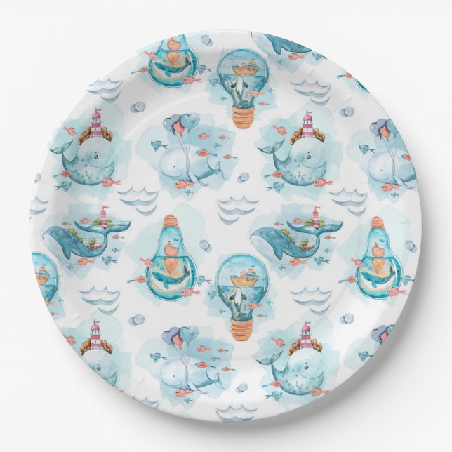 Cute Nautical Whales Watercolor Pattern Paper Plates (Front)