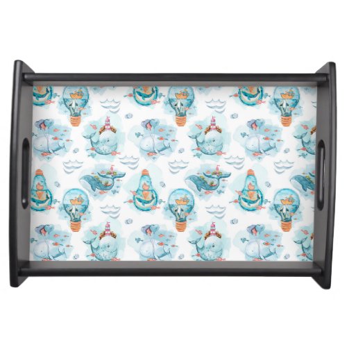 Cute Nautical Whales Watercolor Pattern Serving Tray