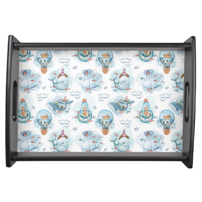 Cute Nautical Whales Watercolor Pattern Serving Tray (Front)