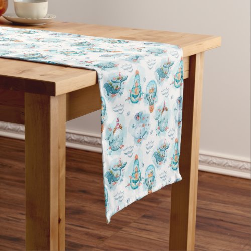 Cute Nautical Whales Watercolor Pattern Short Table Runner