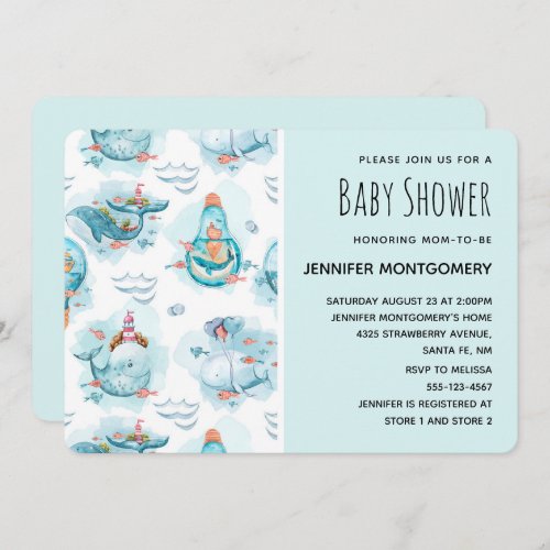 Cute Nautical Whales Watercolor Pattern Shower Invitation