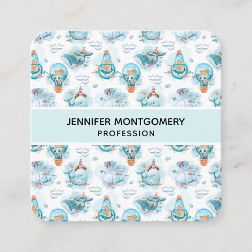 Cute Nautical Whales Watercolor Pattern Square Business Card
