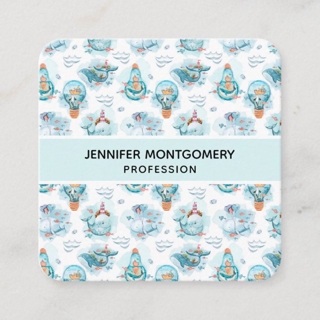 Cute Nautical Whales Watercolor Pattern Square Business Card (Front)