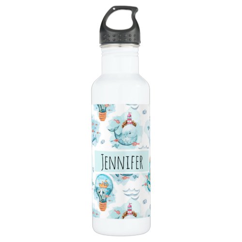 Cute Nautical Whales Watercolor Pattern Stainless Steel Water Bottle