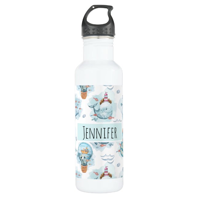 Cute Nautical Whales Watercolor Pattern Stainless Steel Water Bottle (Front)
